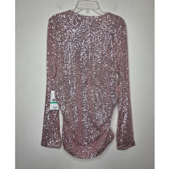 NWT Karen Kane pink shimmer sequin long sleeve top ruched sides - large - Picture 5 of 8